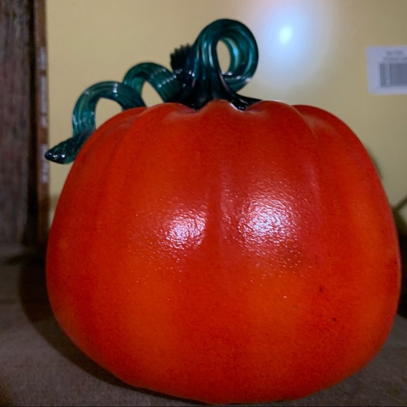 Signed Hand Blown Glass Pumpkin 2018 Opaque Orange Teal Stem Fall - Picture 7 of 8
